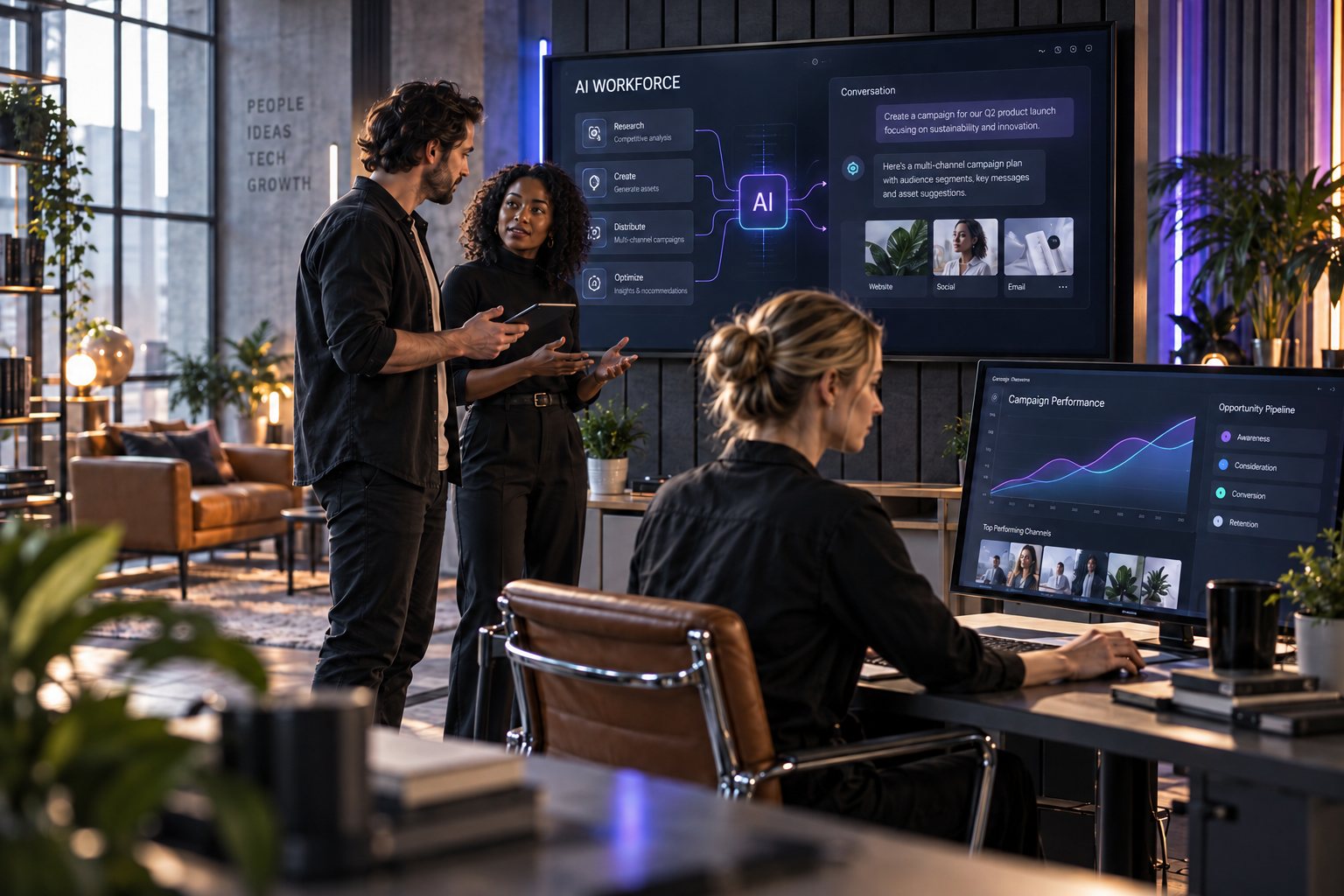 Creative specialists working with an AI campaign workflow and growth reporting in a cinematic agency studio