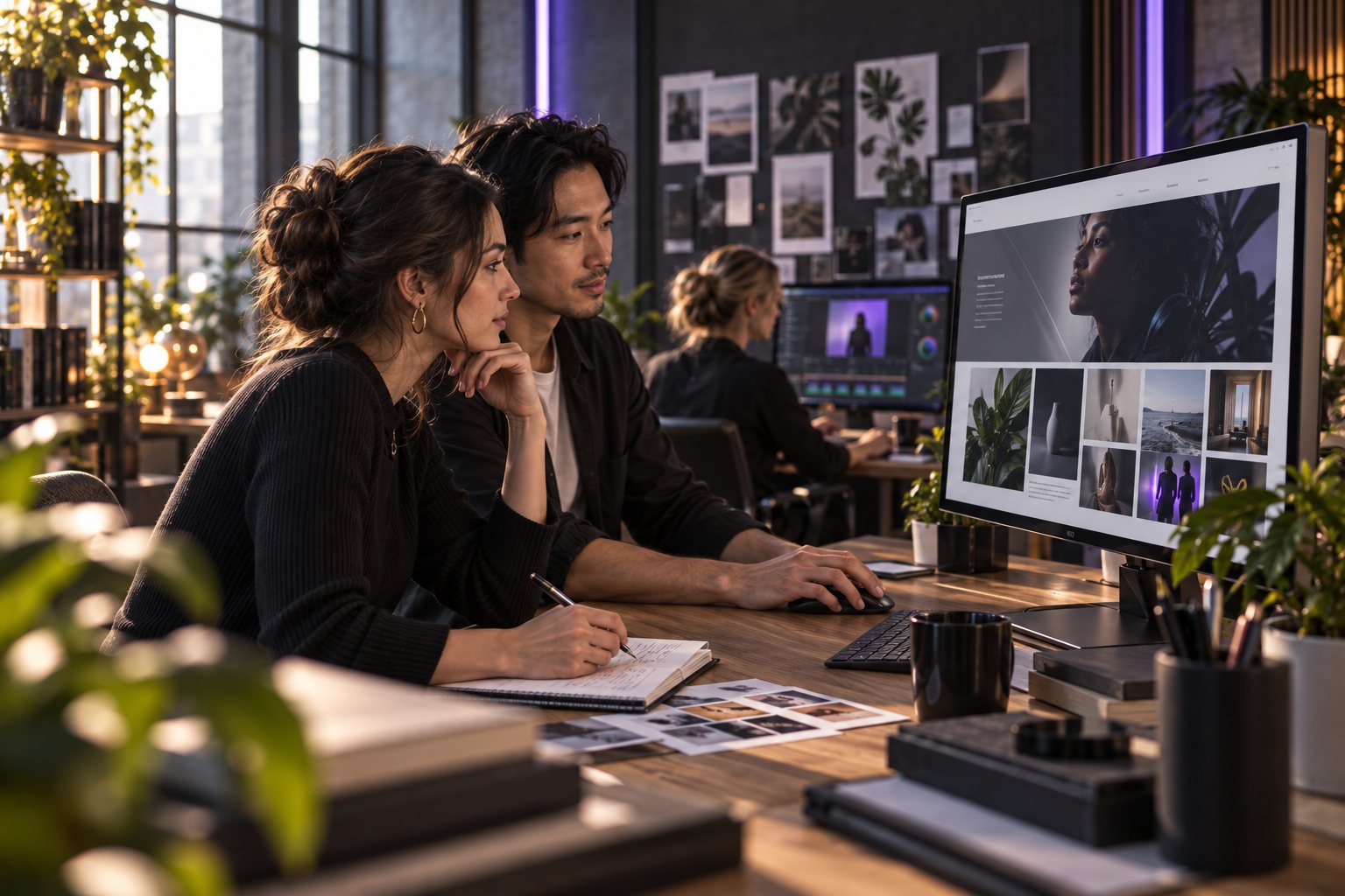 Illustrative studio scene of creative specialists reviewing website designs and campaign imagery