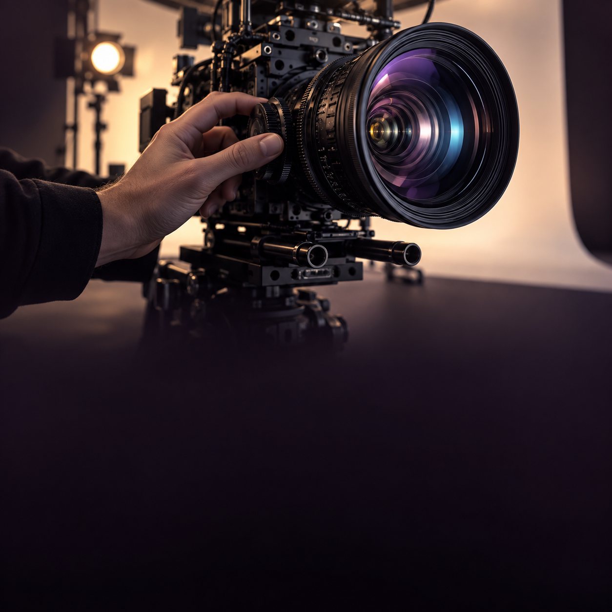 Cinematic close-up of a filmmaker adjusting a cinema lens with violet and cyan reflections
