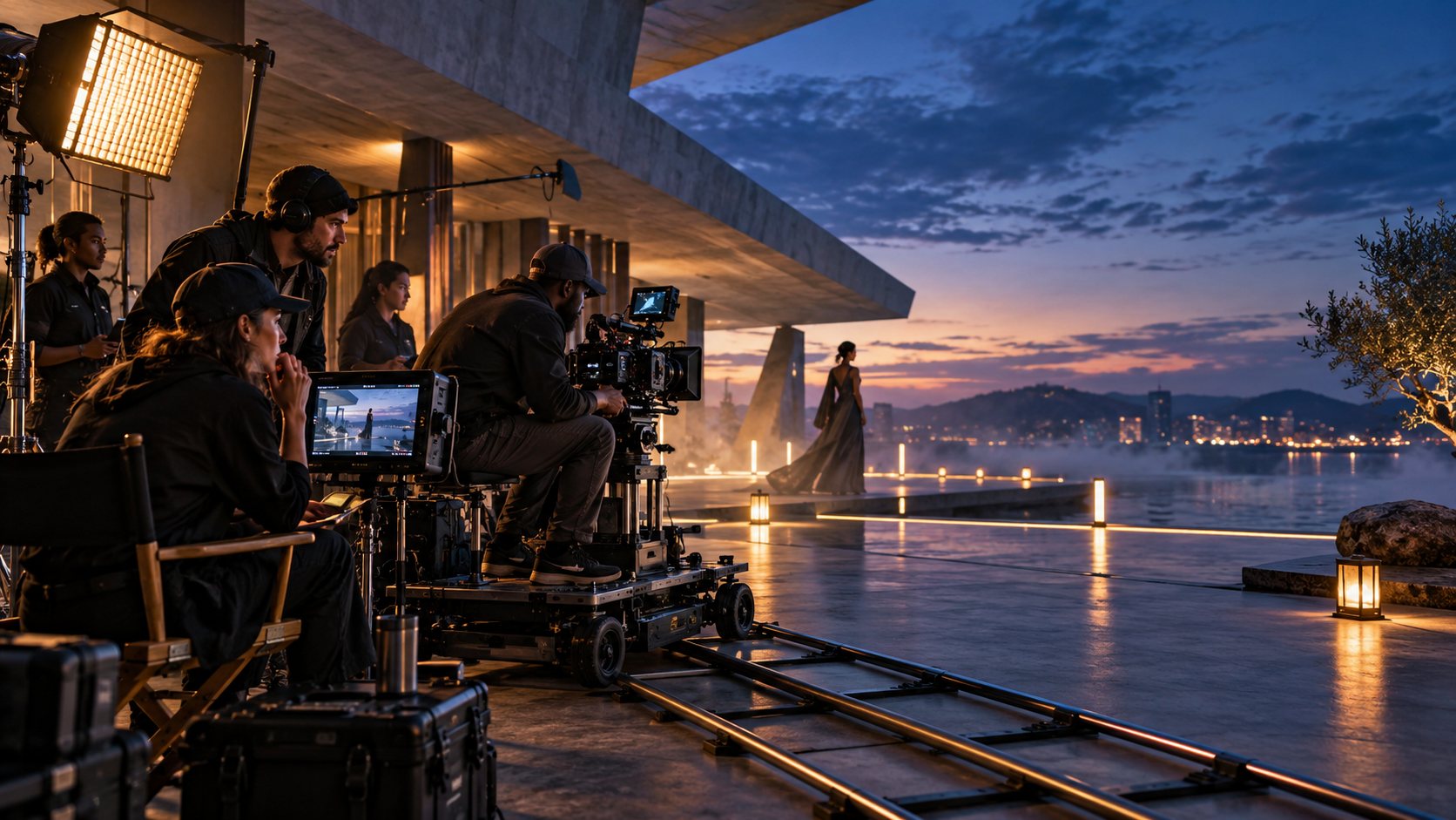 A professional film crew capturing a cinematic campaign at blue hour
