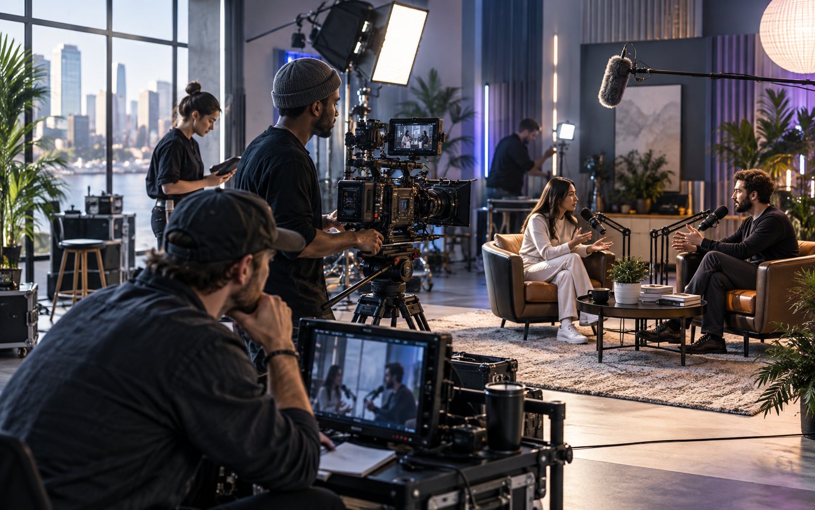 A diverse production crew filming a premium podcast