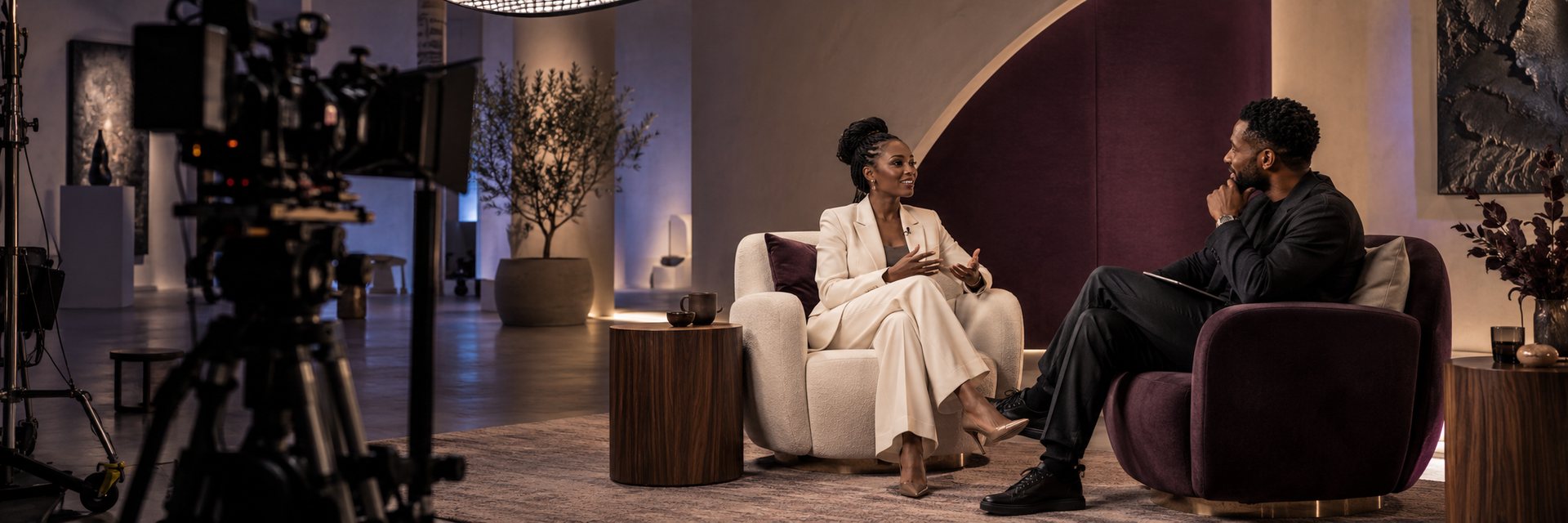 Concept image of a branded podcast production in an architectural studio with a cinema camera and two speakers